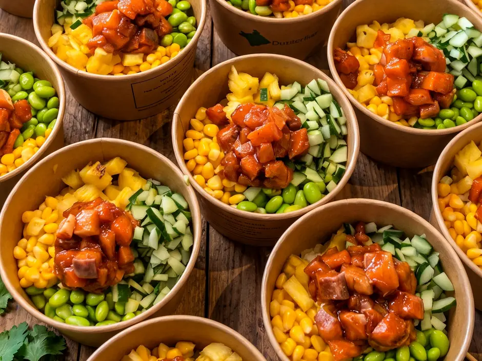 Paperfish poke bowls in paper tubs, boxed and lined up for a catering order